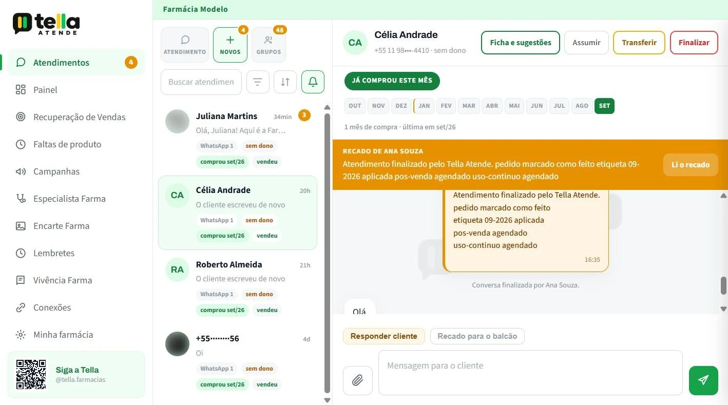 Tela real de atendimento do Tella Atende