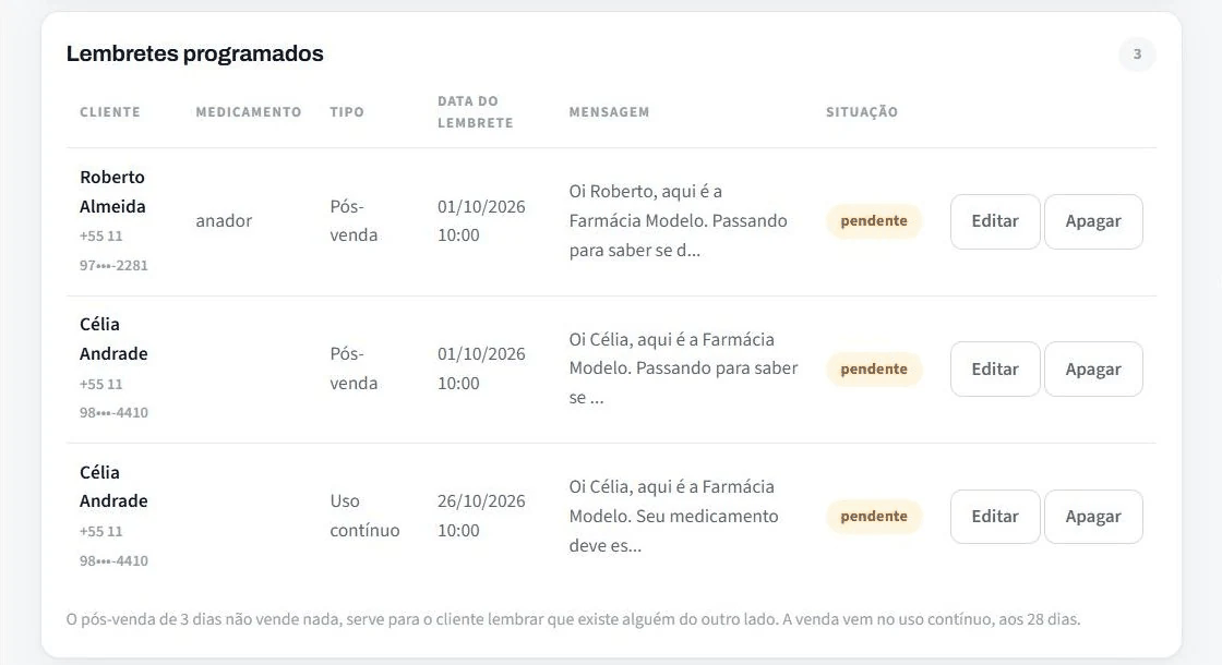 Sequência de capturas reais: Lembretes